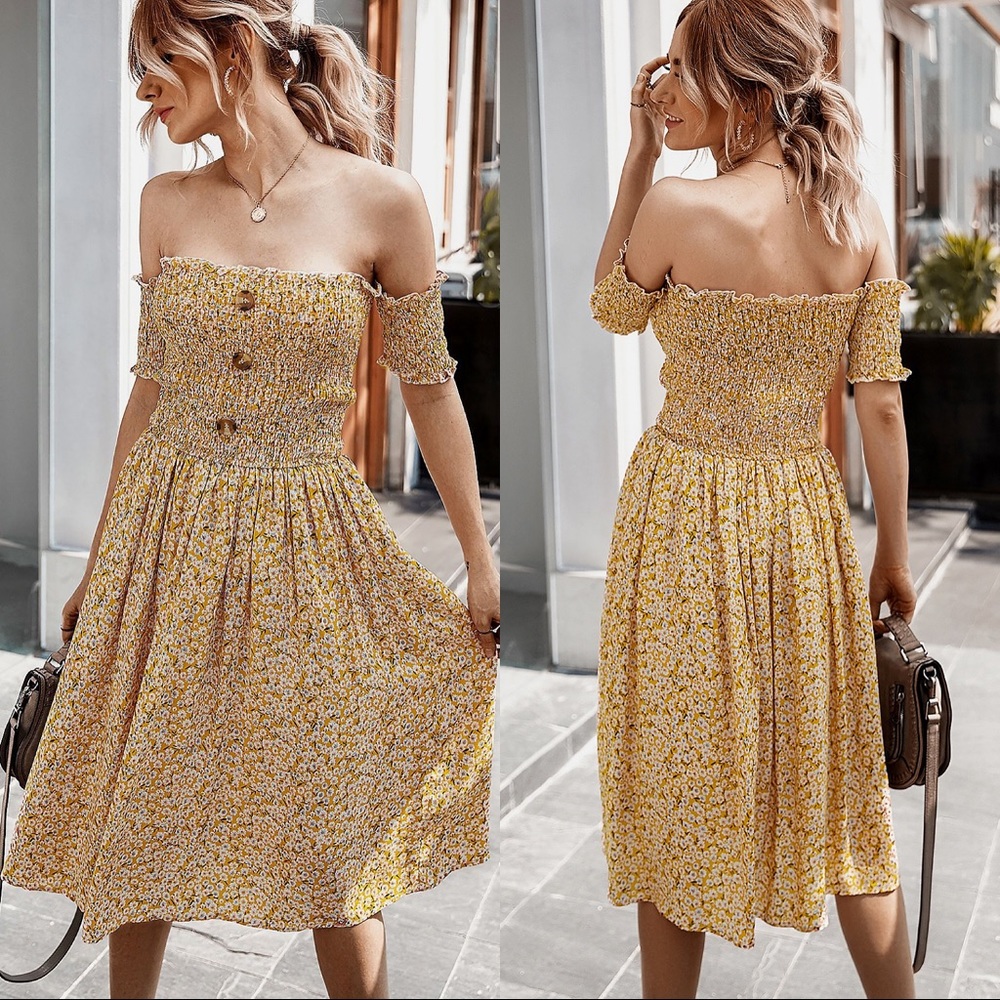 🌼🆕Yellow Floral Off The Shoulder Midi Dress